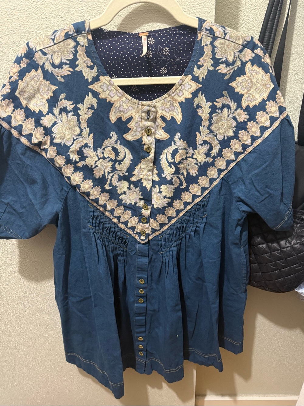 Free People Blue Floral Embroidered Women's Button-Front Top